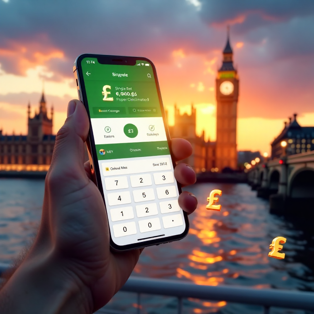 A hand holding a high-end smartphone displaying a professional Single Bet Calculator app with a clean white and emerald green interface, background is the London skyline with the Big Ben and Westminster Bridge at sunset, 3D golden British Pound symbols (£